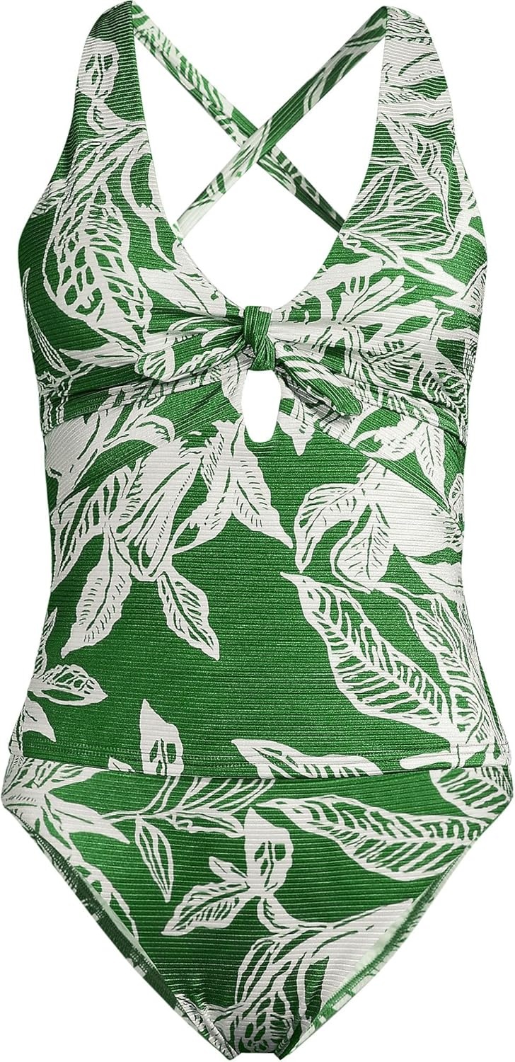 image:imageLands End Womens Shine Ribbed Tankini Top and High Waisted Bottom Swimsuit SetGreen Etched Leaves Shine