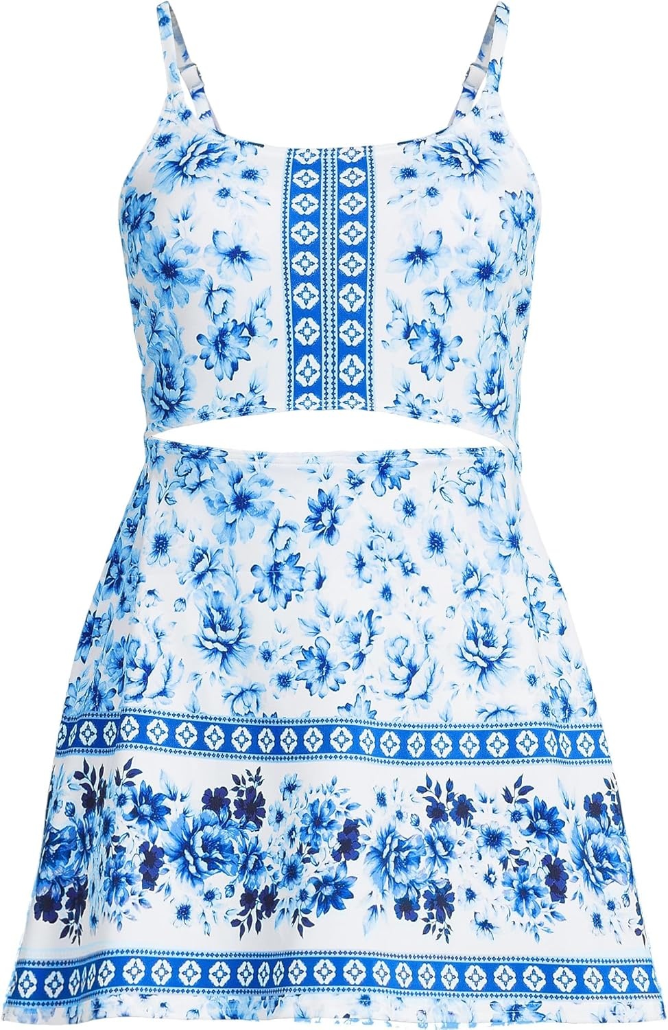 imageLands End Womens Tugless Monokini Swim Dress SwimsuitWhite Mosaic Floral Border Mix