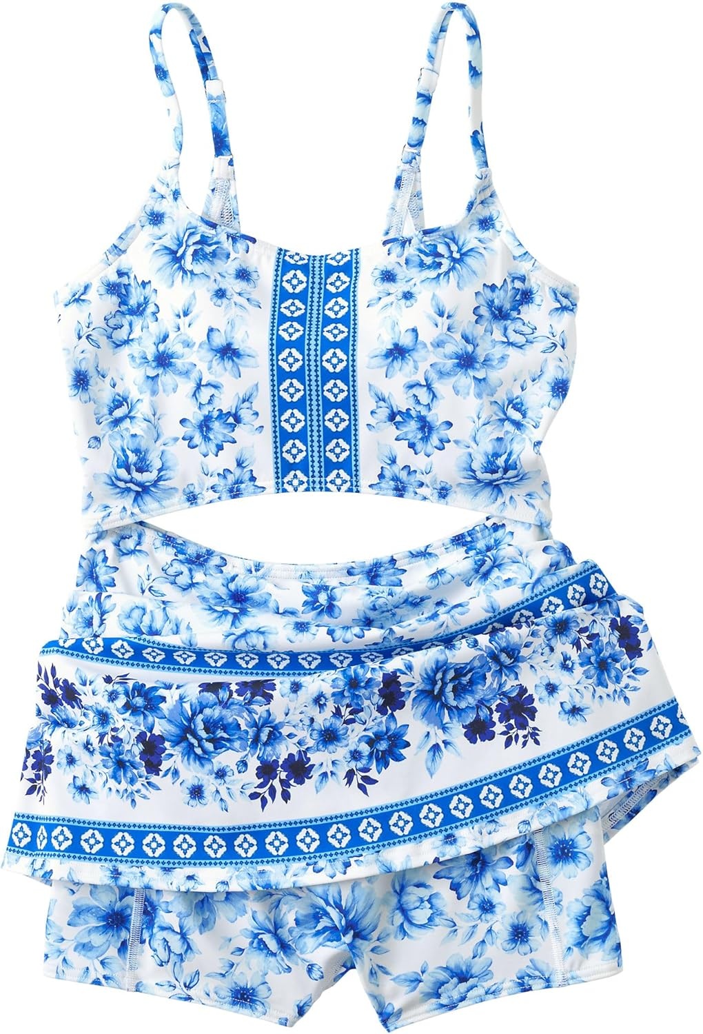 imageLands End Womens Tugless Monokini Swim Dress SwimsuitWhite Mosaic Floral Border Mix
