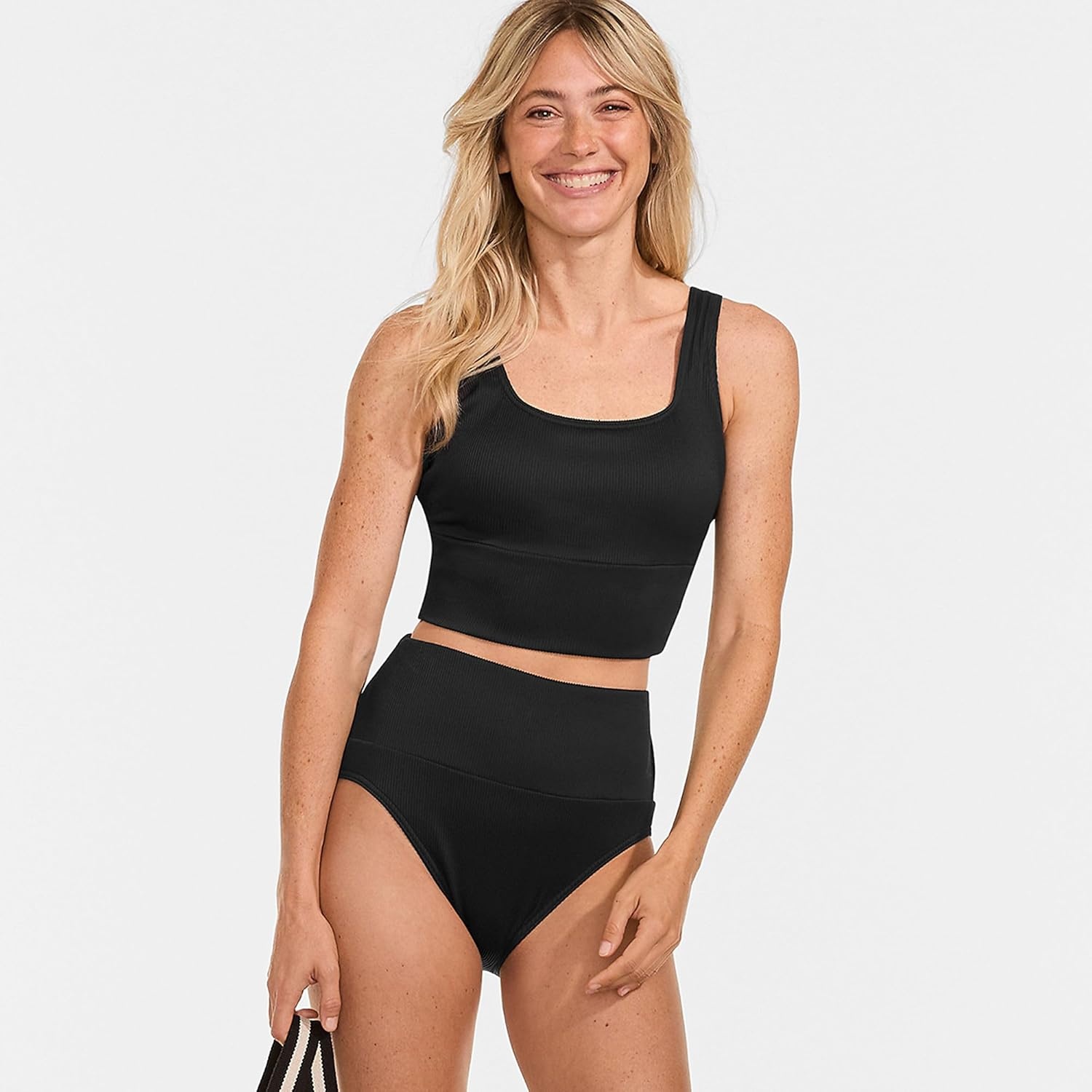 imageLands End Womens Tugless Tankini Top and High Waisted Bottom Swimsuit SetBlack Ottoman