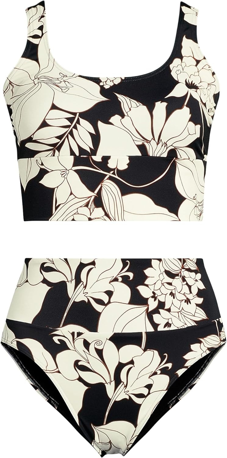 imageLands End Womens Tugless Tankini Top and High Waisted Bottom Swimsuit SetBlackEgret Lilies