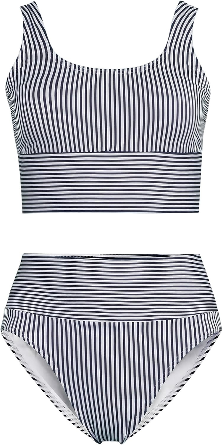 imageLands End Womens Tugless Tankini Top and High Waisted Bottom Swimsuit SetDeep Sea Navy Mini Stripe