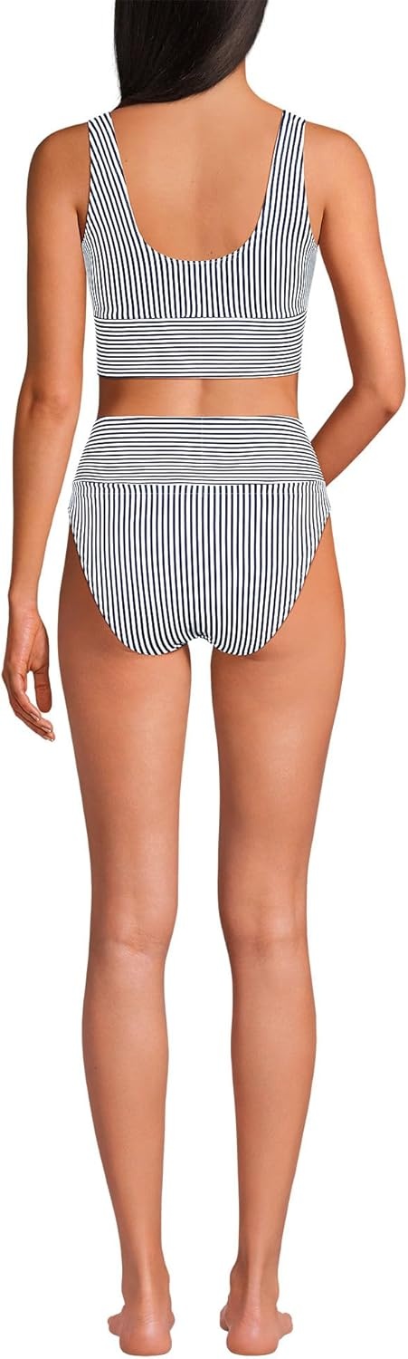 imageLands End Womens Tugless Tankini Top and High Waisted Bottom Swimsuit SetDeep Sea Navy Mini Stripe