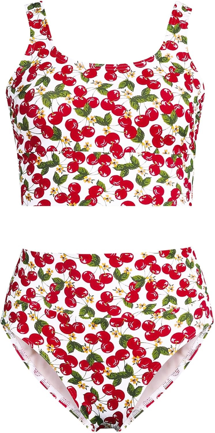 imageLands End Womens Tugless Tankini Top and High Waisted Bottom Swimsuit SetLarge Cherry Jam CherryWhite