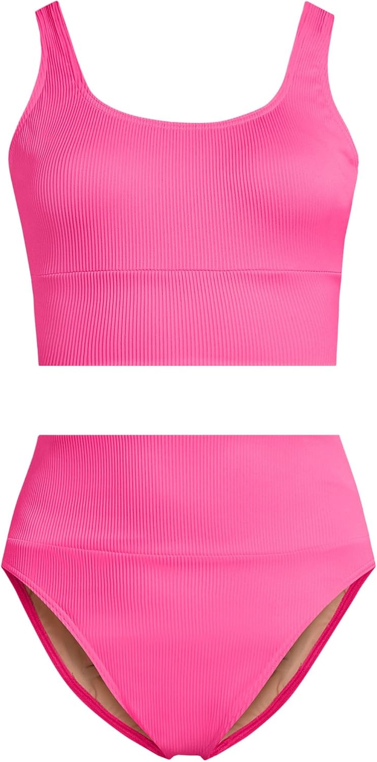 imageLands End Womens Tugless Tankini Top and High Waisted Bottom Swimsuit SetPink Ottoman