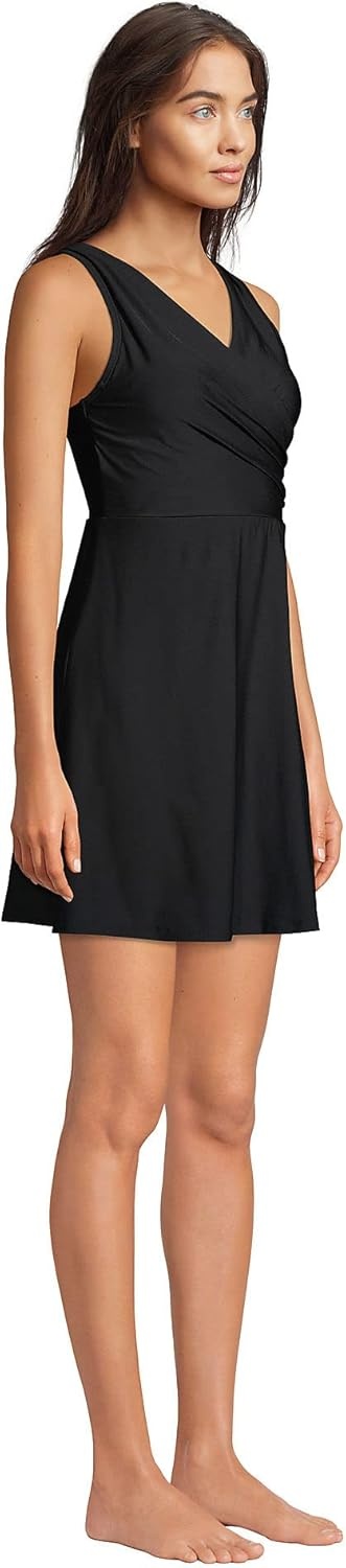 imageLands End Womens Tummy Control Surplice Wrap Swim Dress One Piece SwimsuitBlack