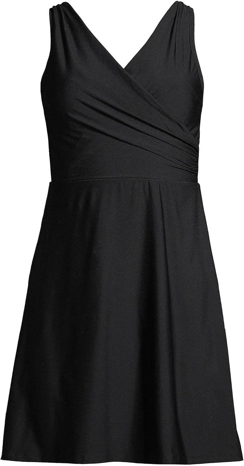 imageLands End Womens Tummy Control Surplice Wrap Swim Dress One Piece SwimsuitBlack
