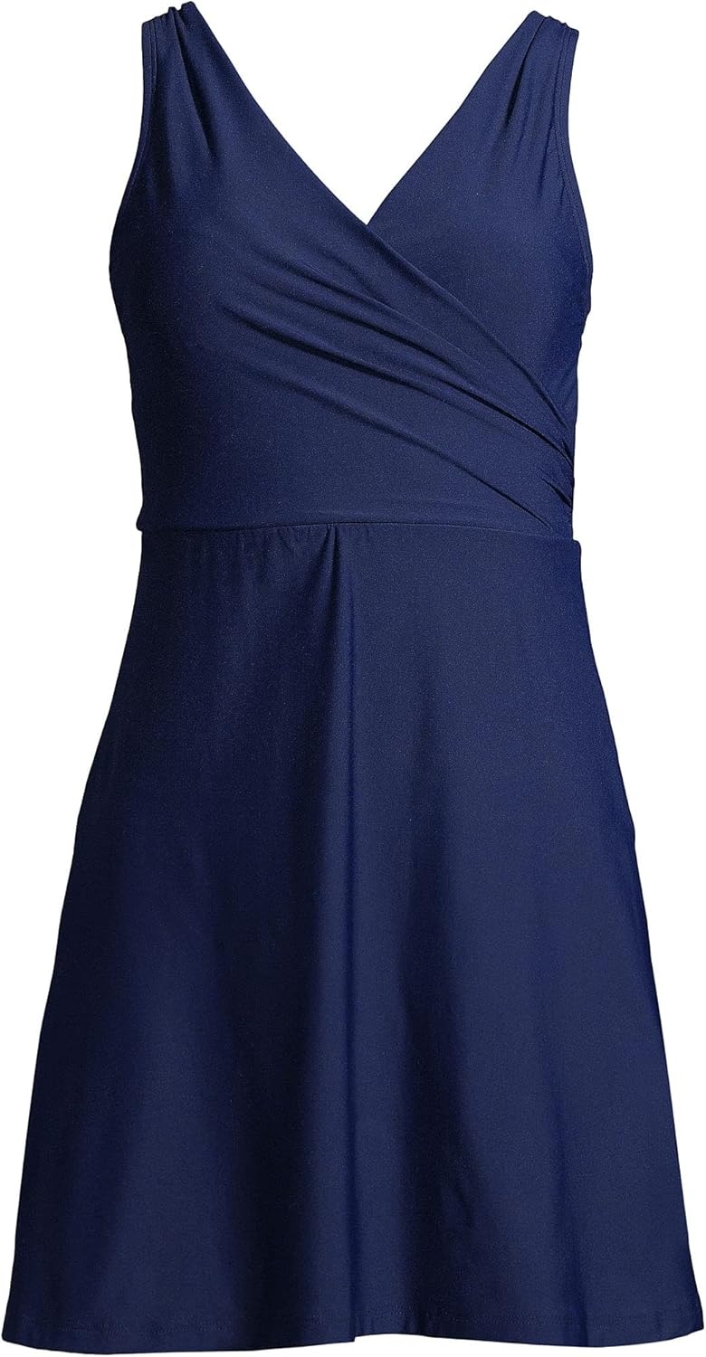 imageLands End Womens Tummy Control Surplice Wrap Swim Dress One Piece SwimsuitDeep Sea Navy