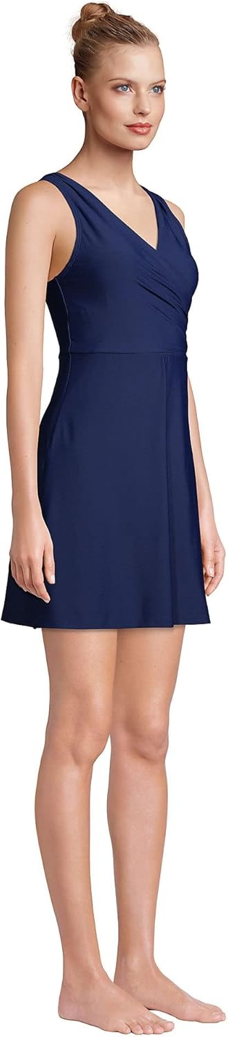 imageLands End Womens Tummy Control Surplice Wrap Swim Dress One Piece SwimsuitDeep Sea Navy
