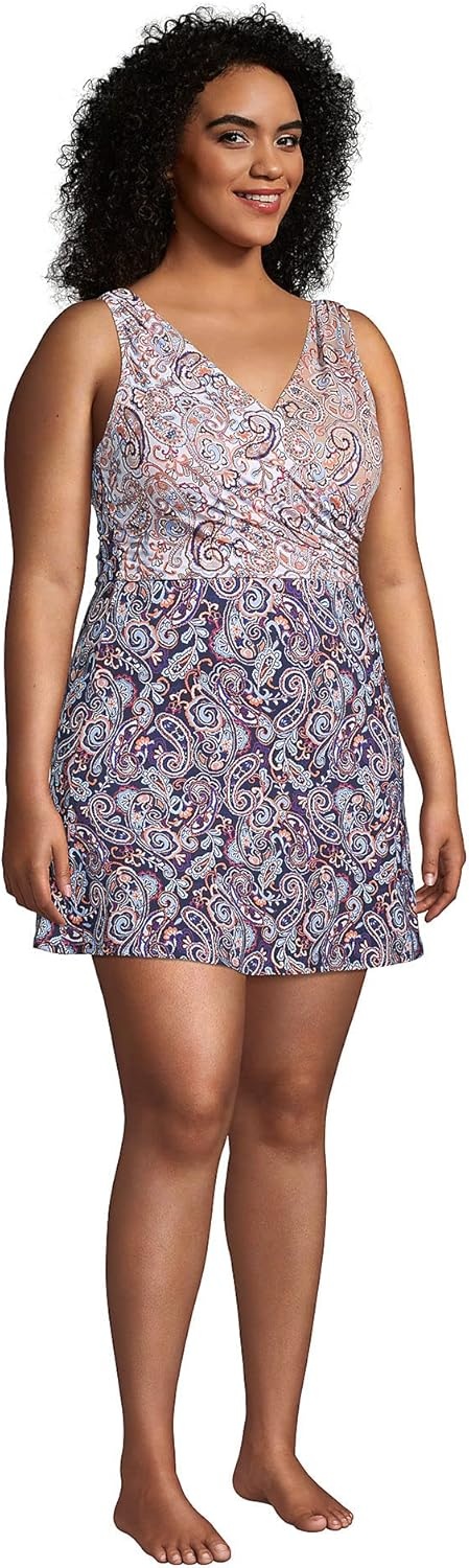 imageLands End Womens Tummy Control Surplice Wrap Swim Dress One Piece SwimsuitDeep Sea Navy Paisley Mix