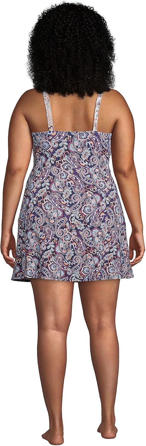 imageLands End Womens Tummy Control Surplice Wrap Swim Dress One Piece SwimsuitDeep Sea Navy Paisley Mix