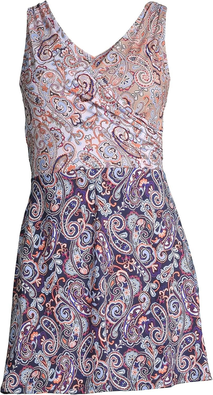 imageLands End Womens Tummy Control Surplice Wrap Swim Dress One Piece SwimsuitDeep Sea Navy Paisley Mix