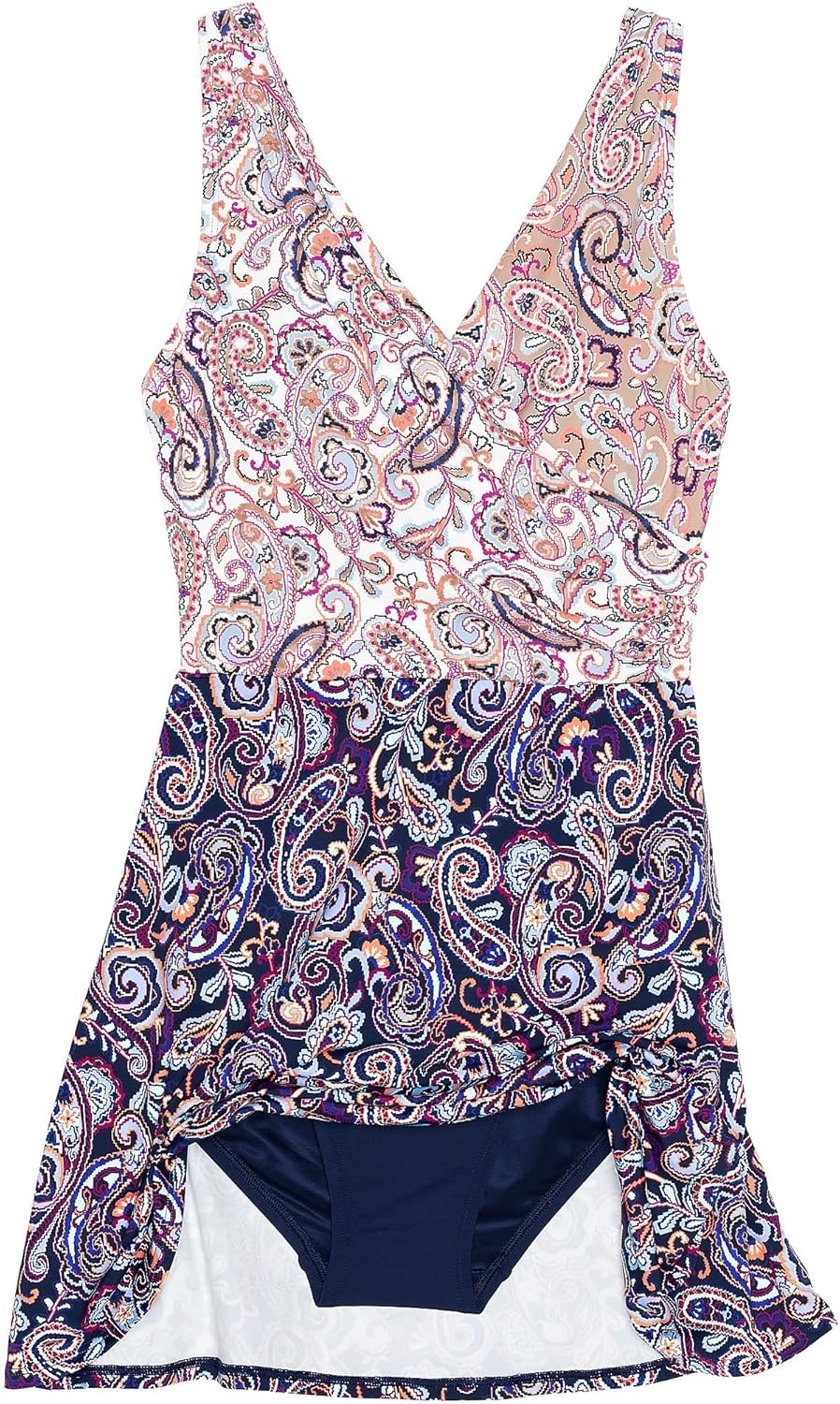 imageLands End Womens Tummy Control Surplice Wrap Swim Dress One Piece SwimsuitDeep Sea Navy Paisley Mix