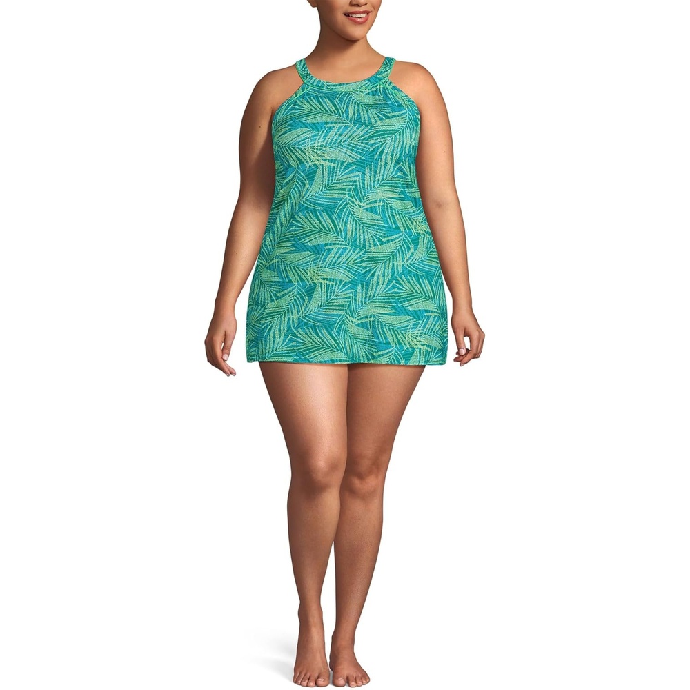 image:imageLands End Womens High Neck Swim Dress SwimsuitEmerald Stipple Palm