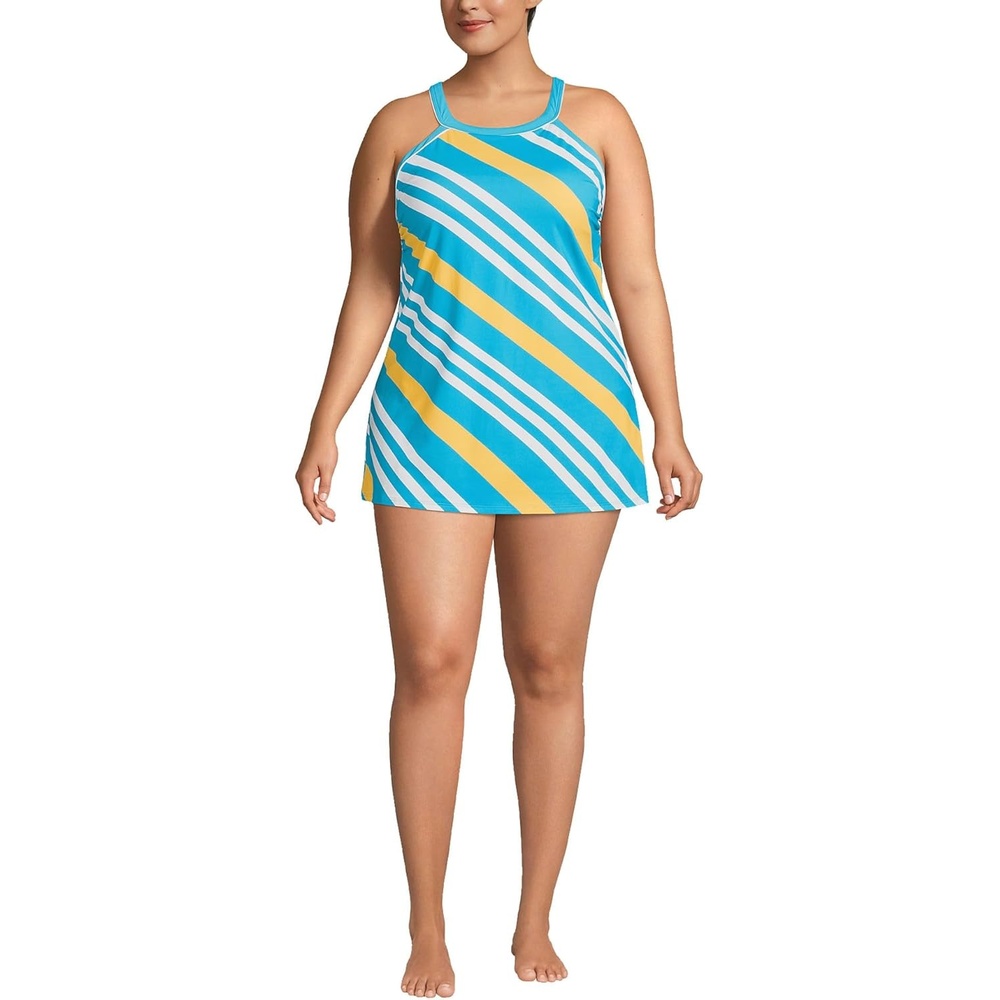 image:imageLands End Womens High Neck Swim Dress SwimsuitTurquoise Awning Stripe