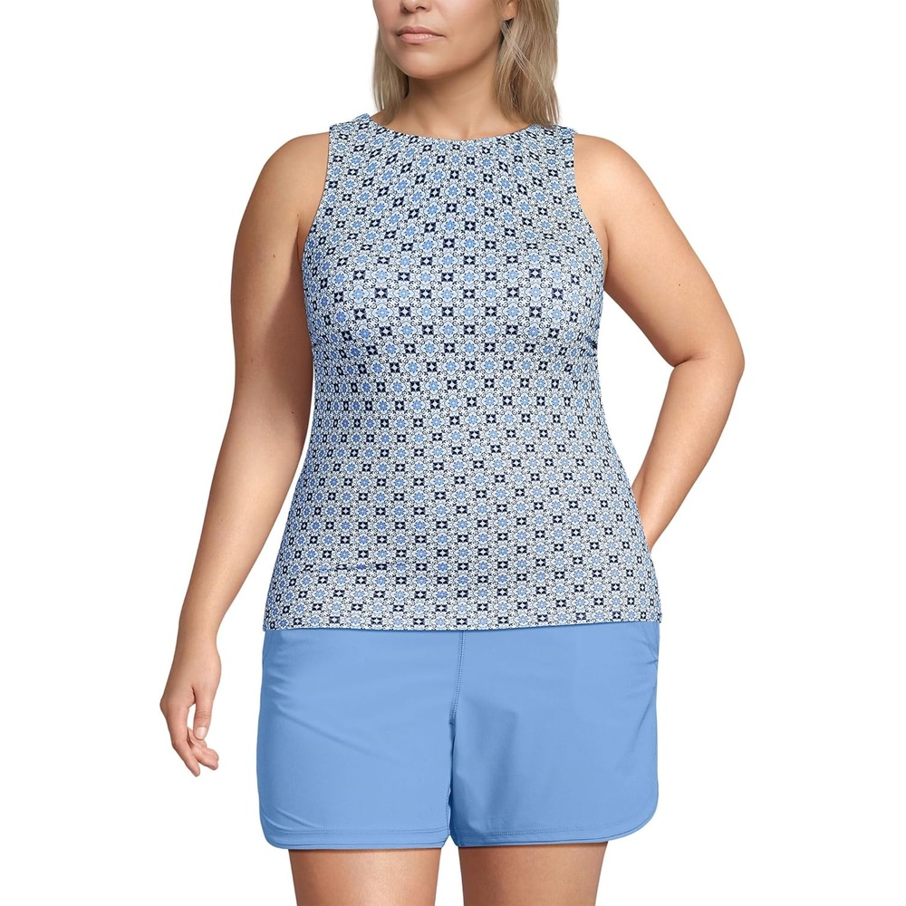 imageLands End Womens High Neck UPF 50 Modest Tankini Top SwimsuitLake Blue Geo Floral