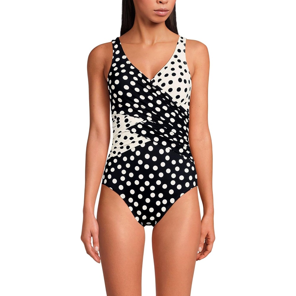 imageLands End Womens New SlenderSuit Wrap One Piece SwimsuitBlackEgret Mixed Tossed Dots