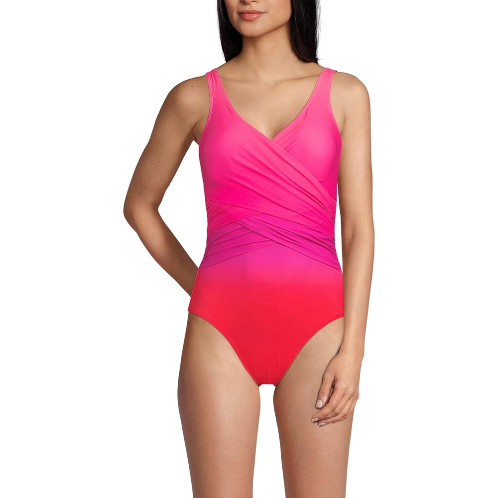 imageLands End Womens New SlenderSuit Wrap One Piece SwimsuitPink Multi Ombre