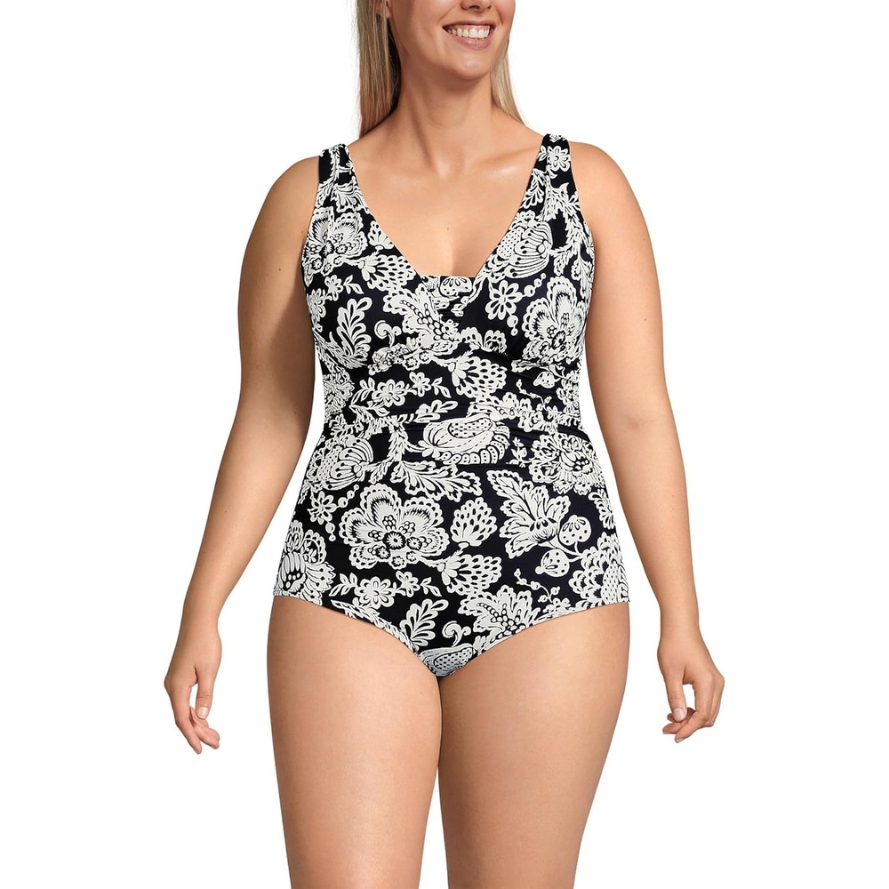 imageLands End Womens SlenderSuit Grecian Low Leg One Piece SwimsuitFloral MedleyBlack