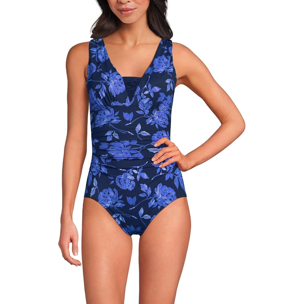 imageLands End Womens SlenderSuit Grecian Low Leg One Piece SwimsuitNavy Graphic Floral