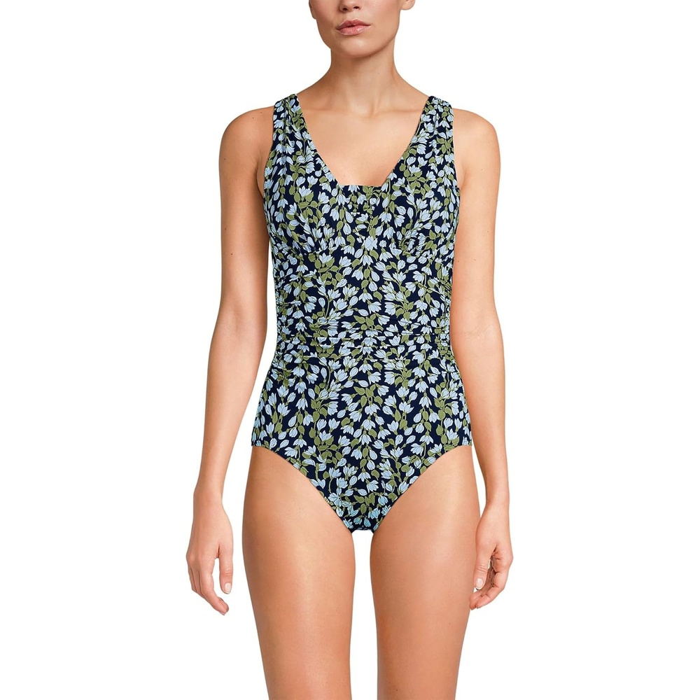 imageLands End Womens SlenderSuit Grecian Low Leg One Piece SwimsuitNavy Mini Bloom Floral