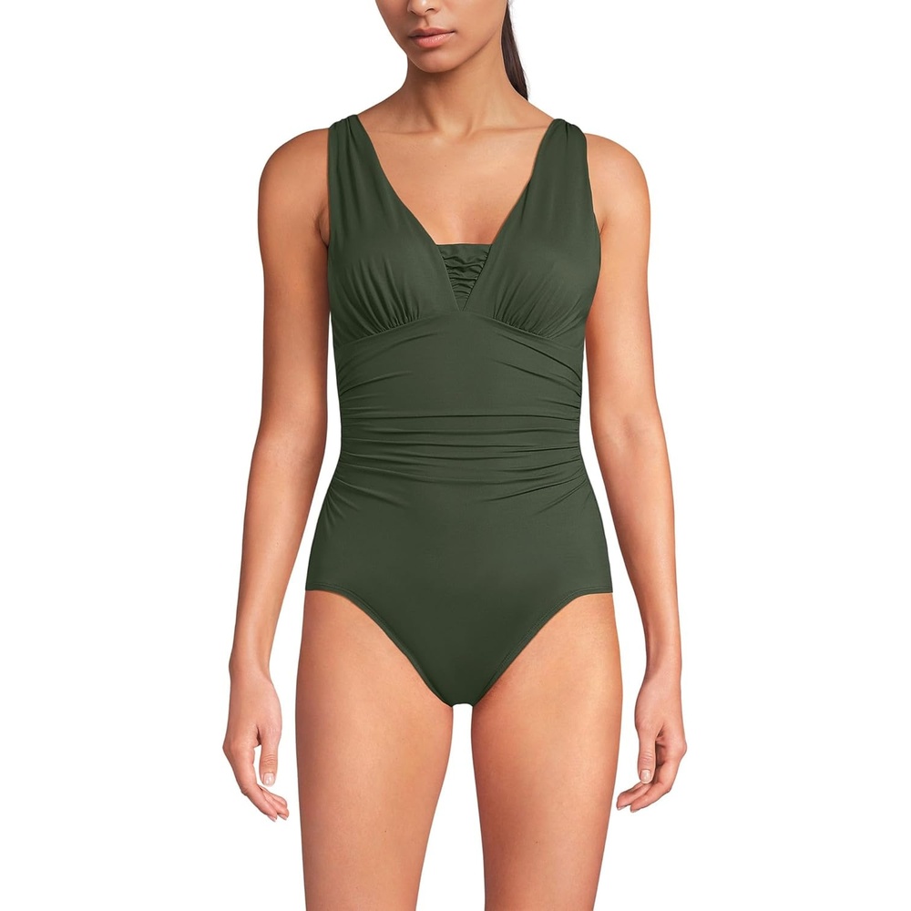 imageLands End Womens SlenderSuit Grecian Low Leg One Piece SwimsuitRich Olive Green