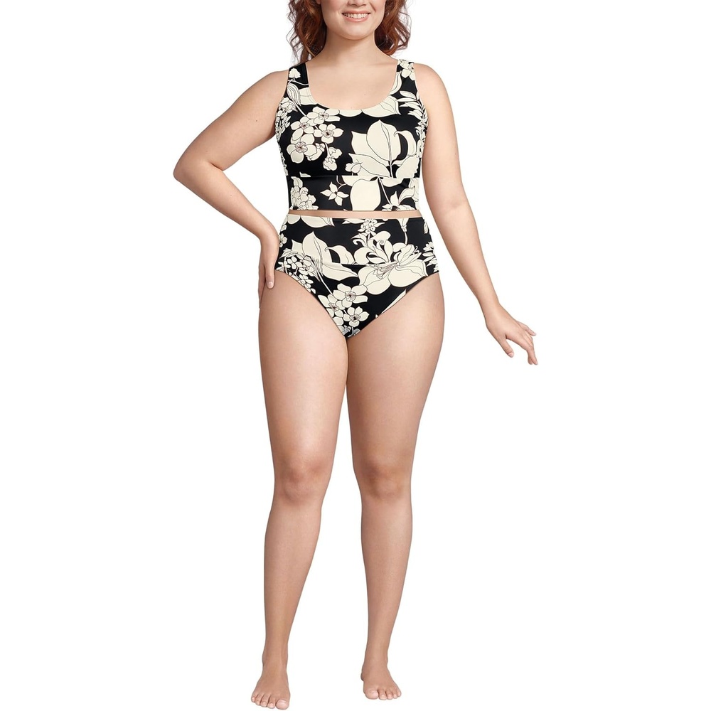imageLands End Womens Tugless Tankini Top and High Waisted Bottom Swimsuit SetBlackEgret Lilies