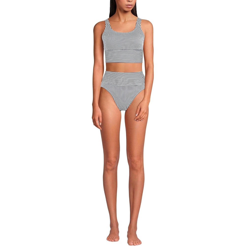 imageLands End Womens Tugless Tankini Top and High Waisted Bottom Swimsuit SetDeep Sea Navy Mini Stripe
