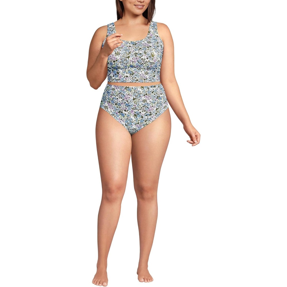 imageLands End Womens Tugless Tankini Top and High Waisted Bottom Swimsuit SetWhiteLilac Multi Ditsy Floral