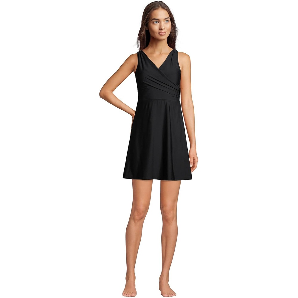 imageLands End Womens Tummy Control Surplice Wrap Swim Dress One Piece SwimsuitBlack