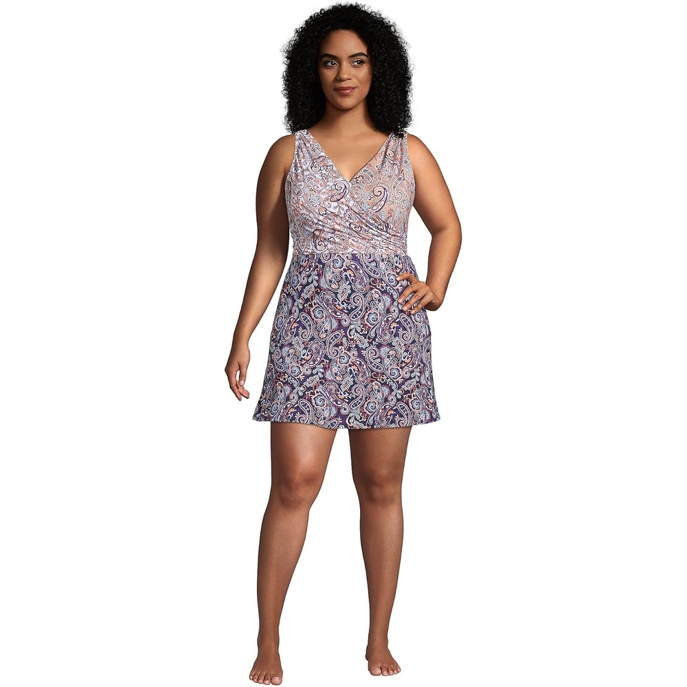 imageLands End Womens Tummy Control Surplice Wrap Swim Dress One Piece SwimsuitDeep Sea Navy Paisley Mix