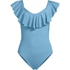 Lands’ End Women’s Chlorine Resistant Ruffle V-Neck High Leg One Piece Swimsuit(Washed Blue Silver)