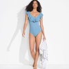 Lands’ End Women’s Chlorine Resistant Ruffle V-Neck High Leg One Piece Swimsuit(Washed Blue Silver)