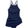Lands’ End Women’s D-Cup Tugless High Neck Swim Dress Swimsuit(Deep Sea Navy/White)