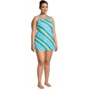 Lands’ End Women’s High Neck Swim Dress Swimsuit(Turquoise Awning Stripe)