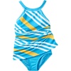 Lands’ End Women’s High Neck Swim Dress Swimsuit(Turquoise Awning Stripe)