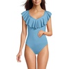 Lands’ End Women’s Chlorine Resistant Ruffle V-Neck High Leg One Piece Swimsuit(Washed Blue Silver)
