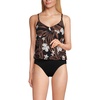 Lands’ End Women’s Chlorine Resistant Smoothing Control Blouson Fauxkini One Piece Swimsuit(Black Floral Palm)