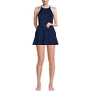Lands’ End Women’s D-Cup Tugless High Neck Swim Dress Swimsuit(Deep Sea Navy/White)