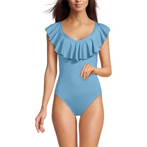 Lands’ End Women’s Chlorine Resistant Ruffle V-Neck High Leg One Piece Swimsuit(Washed Blue Silver)