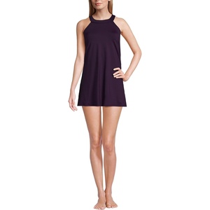 Lands’ End Women’s High Neck Swim Dress Swimsuit(Black Berry)