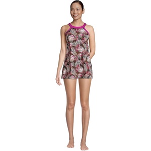 Lands’ End Women’s High Neck Swim Dress Swimsuit(Black Multi Palm)