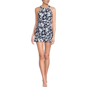 Lands’ End Women’s High Neck Swim Dress Swimsuit(Navy Blossom Floral)