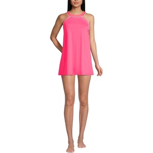 Lands’ End Women’s High Neck Swim Dress Swimsuit(Rouge Pink/Wood Lily)