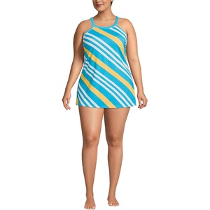 Lands’ End Women’s High Neck Swim Dress Swimsuit(Turquoise Awning Stripe)