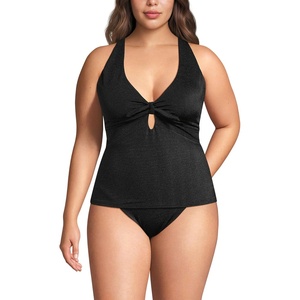 Lands’ End Women’s Shine Ribbed Tankini Top and High Waisted Bottom Swimsuit Set(Black Ottoman)