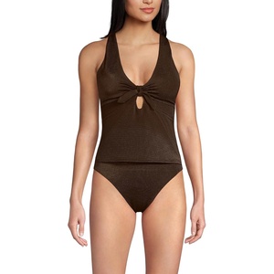Lands’ End Women’s Shine Ribbed Tankini Top and High Waisted Bottom Swimsuit Set(Chocolate Brown Shine)
