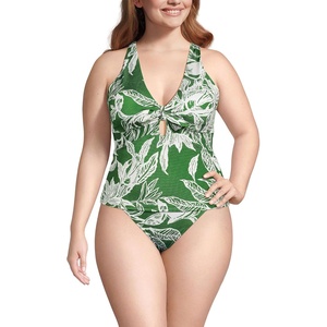Lands’ End Women’s Shine Ribbed Tankini Top and High Waisted Bottom Swimsuit Set(Green Etched Leaves Shine)