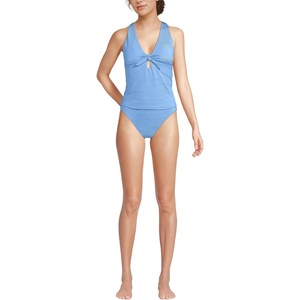 Lands’ End Women’s Shine Ribbed Tankini Top and High Waisted Bottom Swimsuit Set(Lake Blue Ottoman)