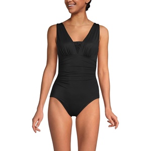 Lands’ End Women’s SlenderSuit Grecian Low Leg One Piece Swimsuit(Black)